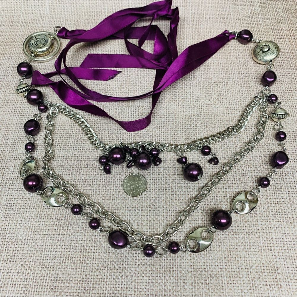 Silver Purple Beaded Layered Ribbon Necklace‎